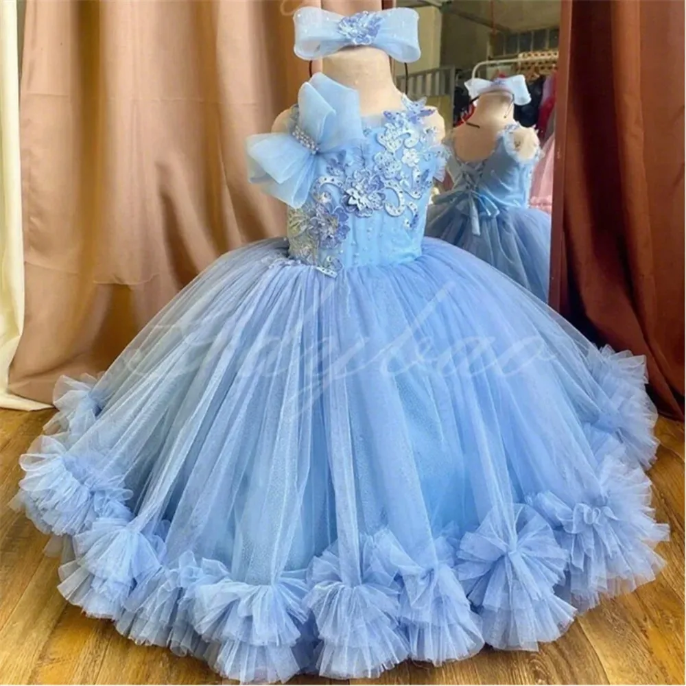 

Customized Flower Girl Wedding Dress Appliques Beaded Pearls With Bow Sleeveless Kids Birthday Party First Communion Ball Gown
