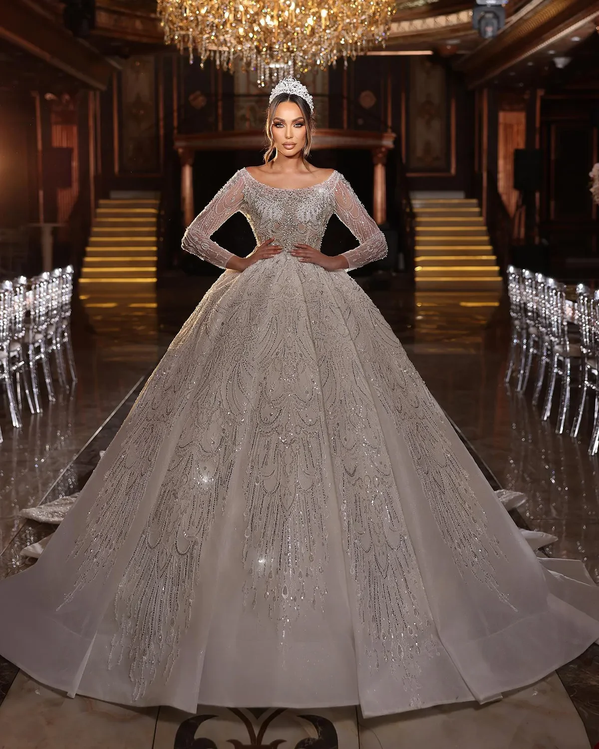 Luxury Wedding Dress O-Neck Ball Gown Sequins 3D Lace Appliques Beads Shine Bridal Gowns Vestina De Novia Plus Size Customized