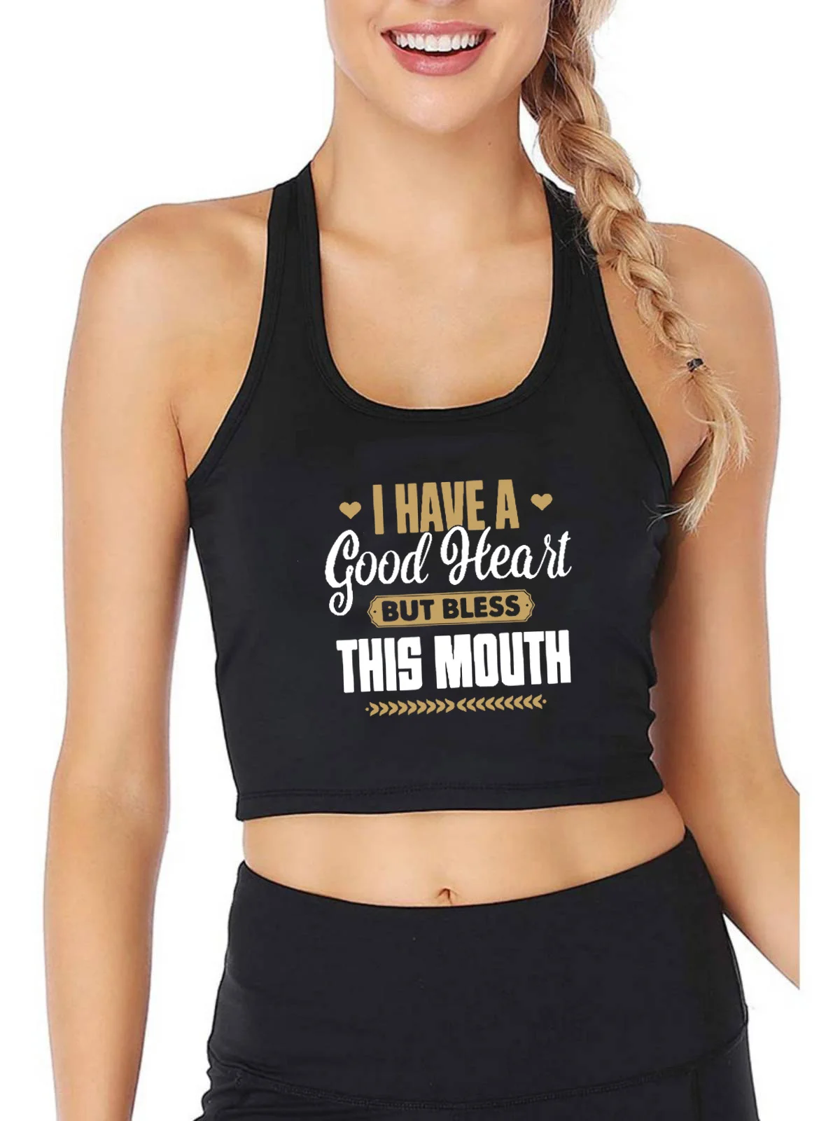 

I Have A Good Heart But Bless This Mouth Print Breathable Slim Fit Tank Top Women's Sport Training Crop Tops Summer Camisole