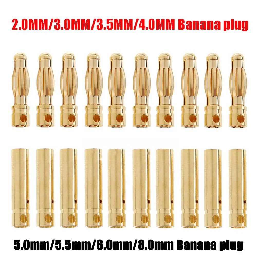 5/10 par 2.0mm/3.0mm/3.5mm/4.0mm/5mm/5.5mm/6mm/8mm rc bateria banhado a ouro bala banana plug macho fêmea bala banana conector