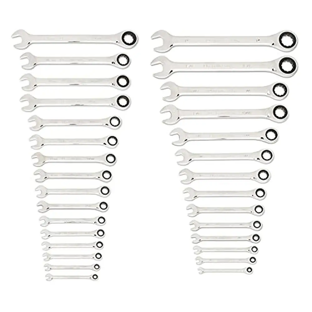 30 Piece Ratcheting Combination Wrench Set 1/4-1 in. 8-24 mm 12 Point SAE/Metric Thin Head Alloy Steel Wrench Racks Included