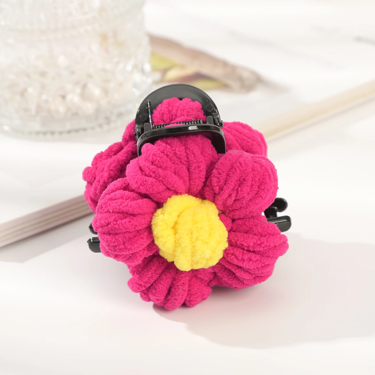 AWAYTR Yarn Pink Flower Hair Claw Clips Women Girls Soft Flowers Ponytail Holder Hair Clamps Barrette Fashion Hair Accessories