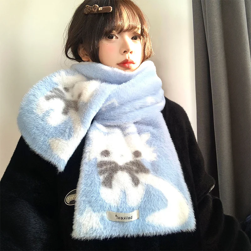 

Милый мультяшный ангел-кошка, имитирующий норковый шерстяной шарф унисекс, зимний мягкий пушистый вязаный шейный платок для девочек и мальчиков, подарок для студентов