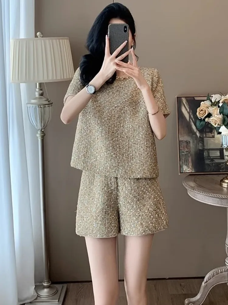 Moda feminina elegante manga curta tweed camiseta shorts de cintura alta conjunto de duas peças novo verão casual escritório senhora conjuntos de correspondência