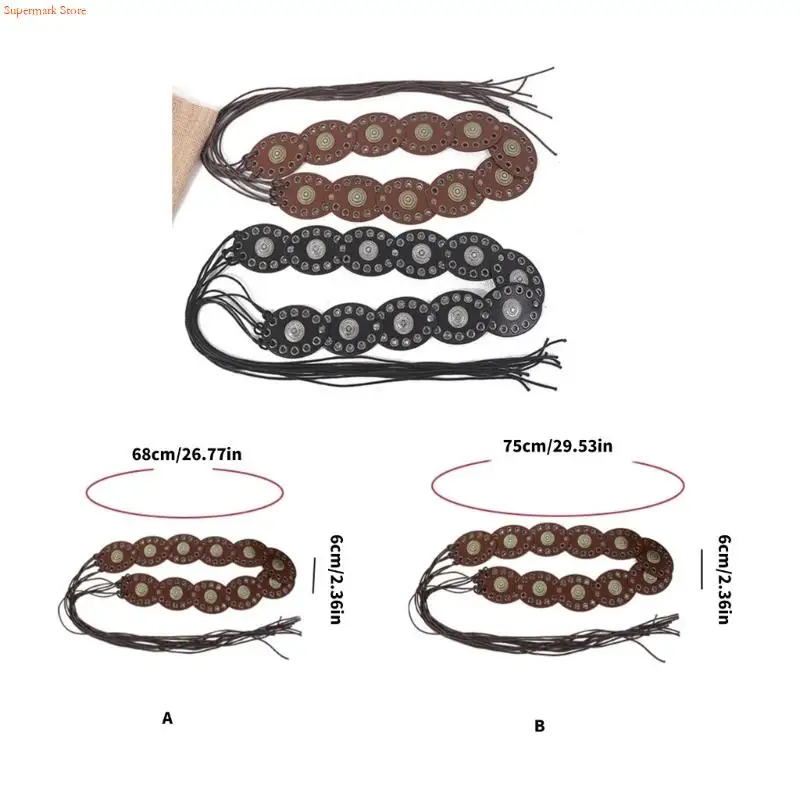 Q5WE حزام خصر مربوط بأربطة قابل للتعديل مع تصميم قرص بيضاوي بوهيمي لفساتين الجينز للنساء ملابس يومية لتزيين الخصر #6