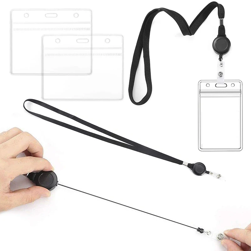 1PC Kartenhalter Transparente Kartenhülle mit einziehbarem Hängeseil Vertikal/Horizontal Verfügbar Arbeitskarten Aufbewahrungszubehör ZYF