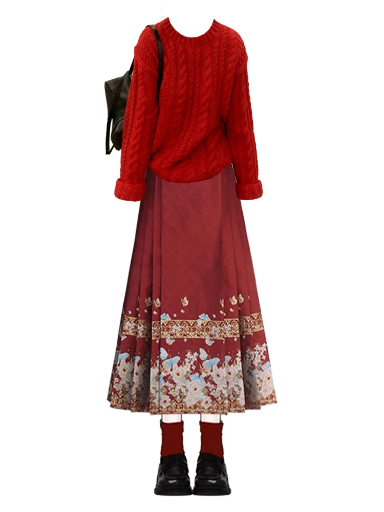 Chinese New Year Red Knitted Sweater And Skirt Set Women's Faion Winter Two-Piece round Ne Twist Hairpin Skirt Ensemble