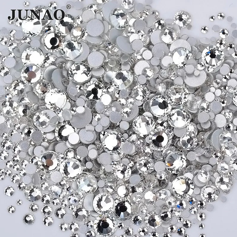 JUNAO, 1400 Uds., mezcla de tamaños, diamantes de imitación de cristal transparente, cristales con parte posterior plana, piedras redondas para uñas para manualidades de tazas y ropa DIY