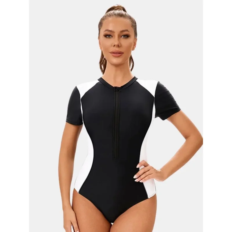 

Купальный костюм с цветными блоками и молнией спереди с короткими рукавами, профессиональный тренировочный купальник, спортивный цельный женский спортивный купальник
