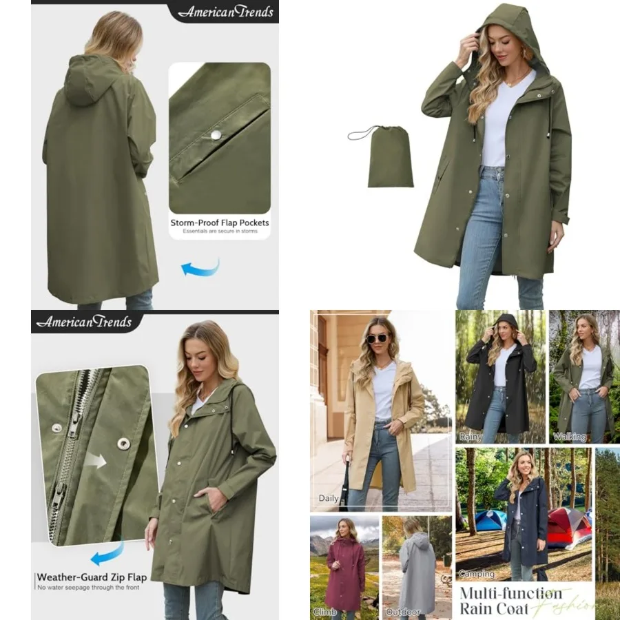 American Trends Packable Waterproof Rain Jacket Women with Hood Raincoat Windbreaker Long Hooded Trench Coats S-2XL Available