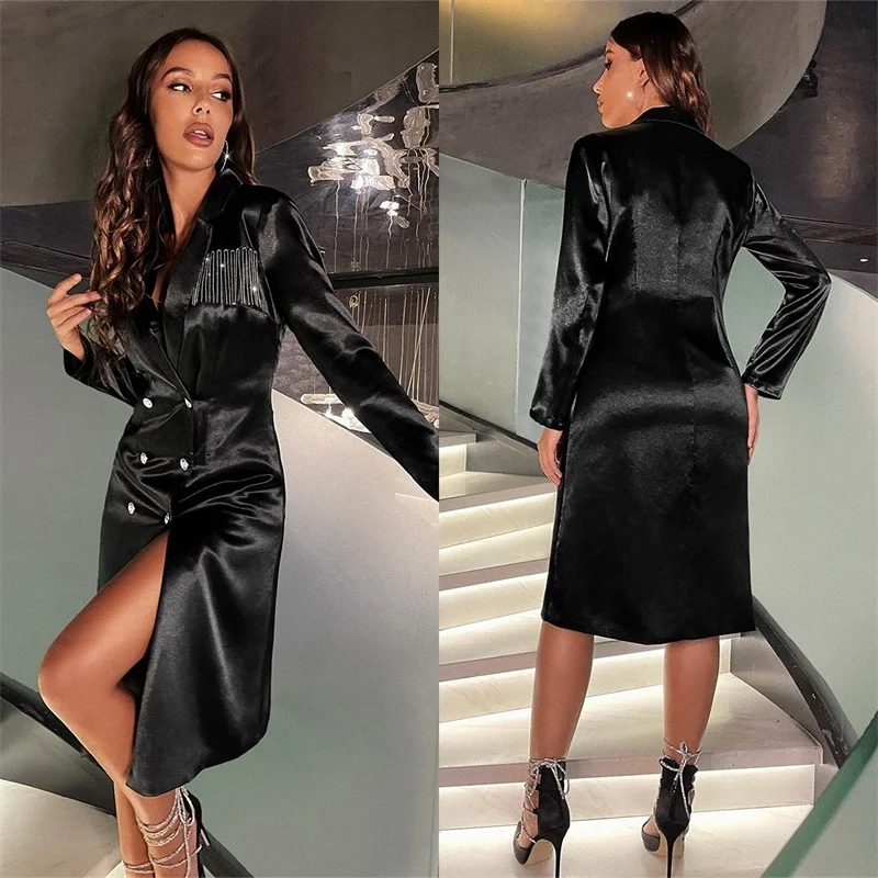 

Black Silk Satin Women Suit Blazer With Beading Formal Office Business Coat Jacket Sexy V Neck Prom Dress Outfit Custom Size