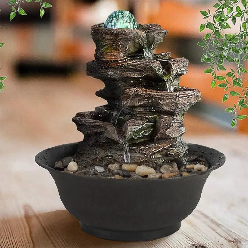 4-Tier Tabletop Water Fountain with Cascading Rock Waterfall and LED Lights for Office Home Décor