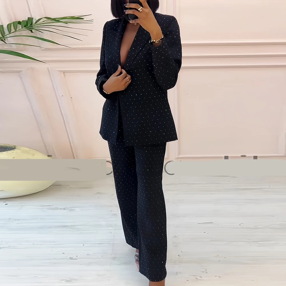

Rhinestone Temperament Two-piece Set Suit Lapel Blazer And Wide Leg Pants Fashion Tide Spring Autumn African Dresses 2025 New
