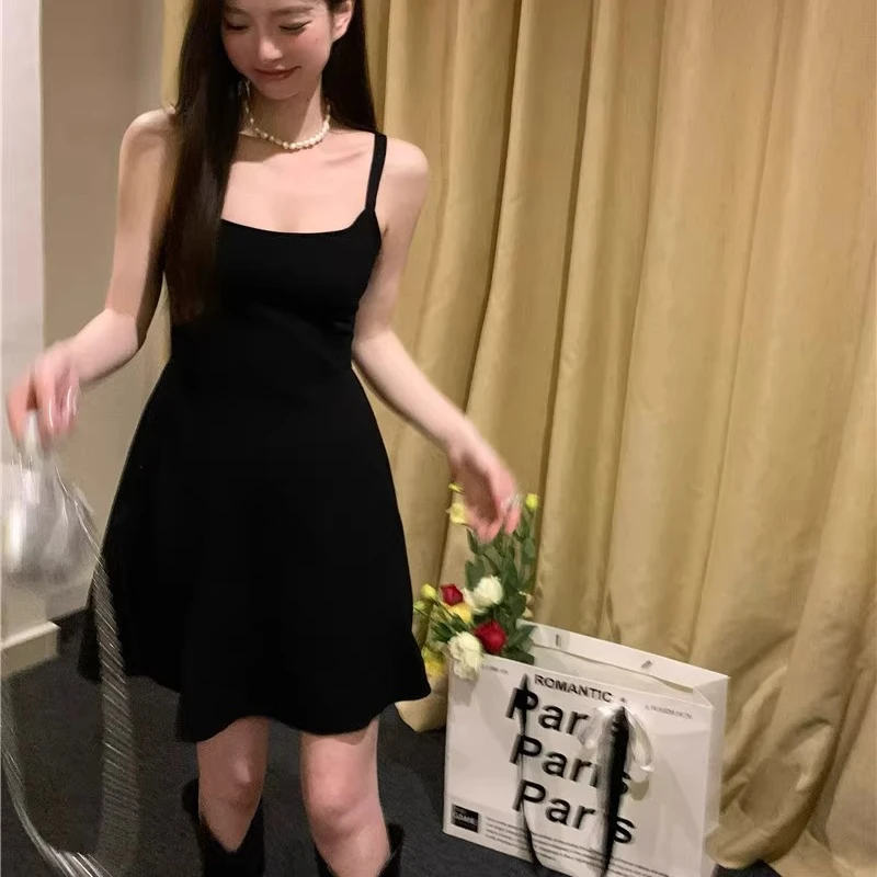 

Elegant Black Square Collar Hepburn Style Dress Women's Summer A-Line Skirt High Waist Short Dress Sophisticated Feeling