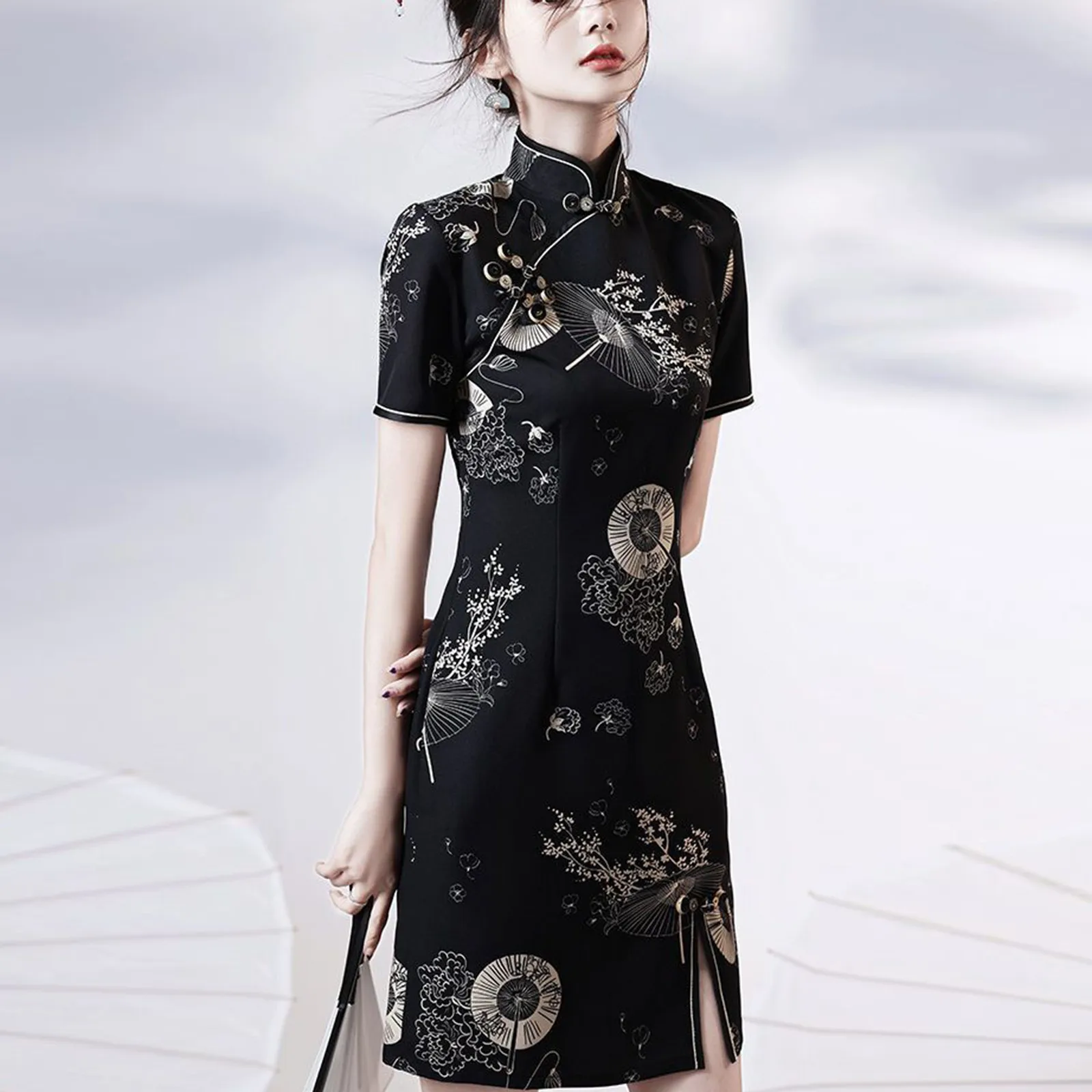 

Ladies Fashion Black Cheongsam Trendy National Style Improved Temperament Casual Fitting Cheongsam Daily Small Size Cheongsam