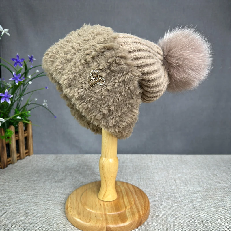 2025 Natural fur pompom hat Winter Knitted Hat Outdoor Cycling travel Warm Cap Casual High quality Fashion Hats beanies