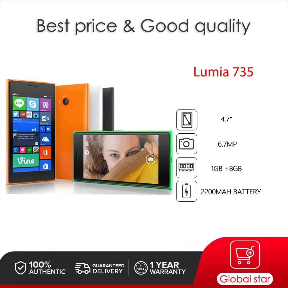 

Original Lumia 735 730 4G Dual SIM 4.7" 1GB+8GB CellPhone Russian Arabic Hebrew Keyboard Made in Finland Unlocked Free Shipping