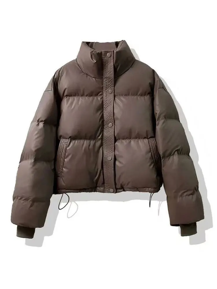 

Warm Cotton Jaet Women's ort Sle Stand Collar PU Leather Coat Korean Version Thiened Winter Outerwear Fem Commute