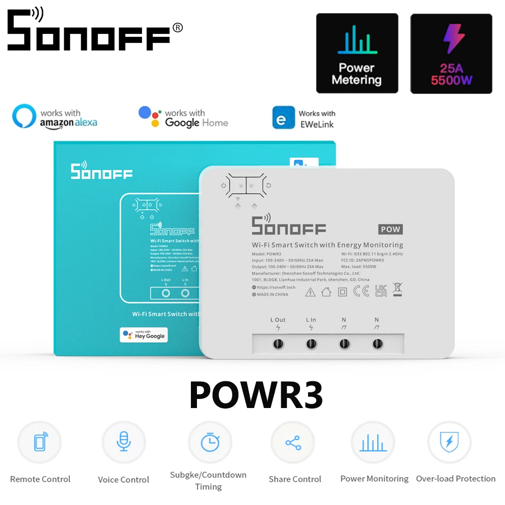 Sonoff POWR3/POW R3 Wif Smart Switch 25A 5500W DIY Switch with Energy Monitoring Smart Home Work for Alexa eWelink APP