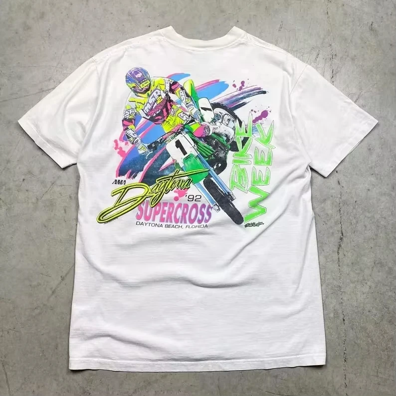 

2025 Summer Vintage 1992 Daytona SuperCross T-Shirt with Mike Laroke Men's T-Shirt Black Casual Crew Neck Cotton T-Shirt