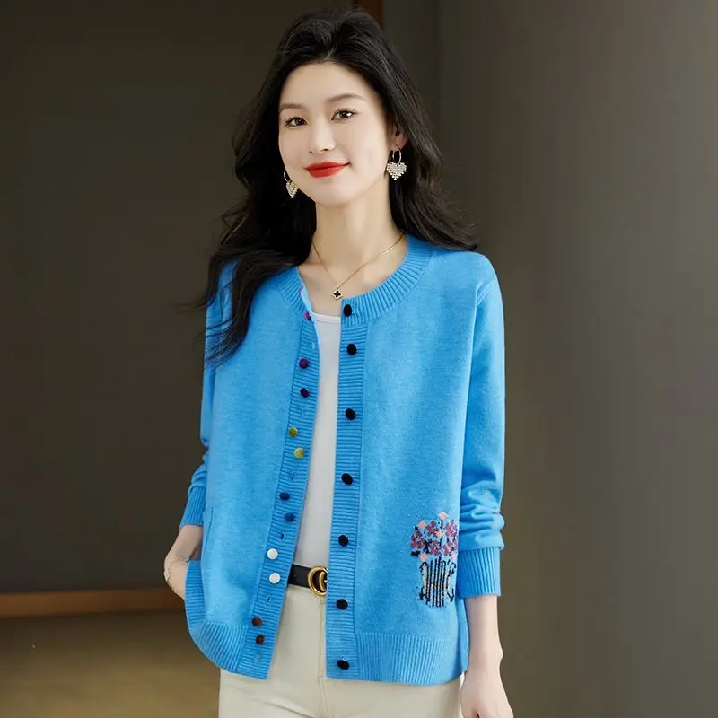 Cardigan Sweater Women's Spring and Autumn New Embroidered Loose Large Size Knitted Solid Color Versatile Top