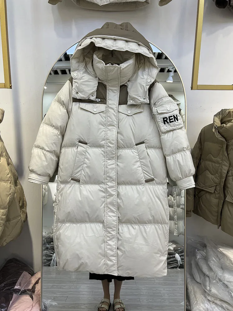 Winter new down jacket women's long hooded over the knee fashion multi pocket contrasting splicing white duck down jacket