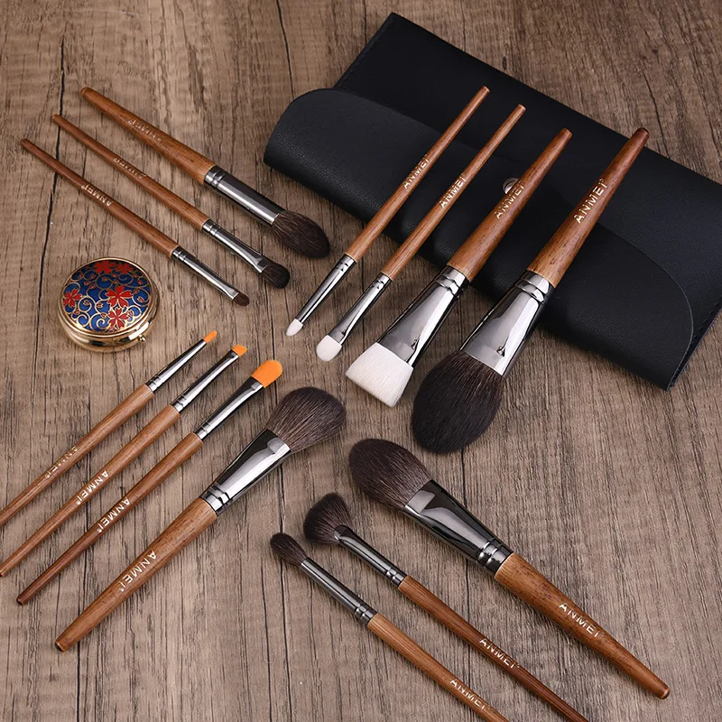 14 Pcs Direct Makeup Brush Set Animal Hair Bevel Fan Contour Flat Mask Brushes for Daily Grooming