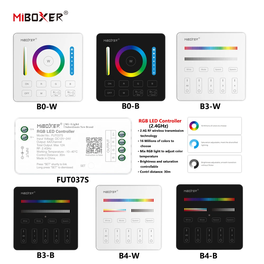 MiBoxer DC12~24V FUT037S+B0/B3/B4 2,4GHz RF Wireless RGB 6A/Ch 16 Millionen Farben zur Auswahl LED-Controller für COB/LED-Streifen