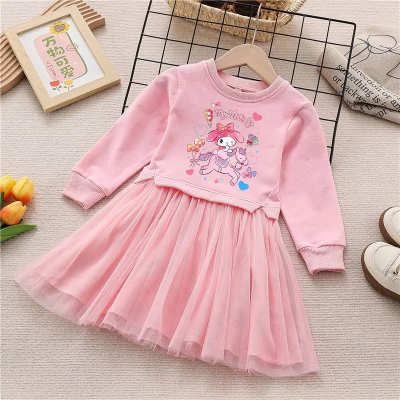 Sanrioed Kids Clothes Cartoon Kuromi Girls Long Sleeve Dress Anime My Melody Cinnamoroll Autumn Gauze Skirt Preppy Pleated Skirt