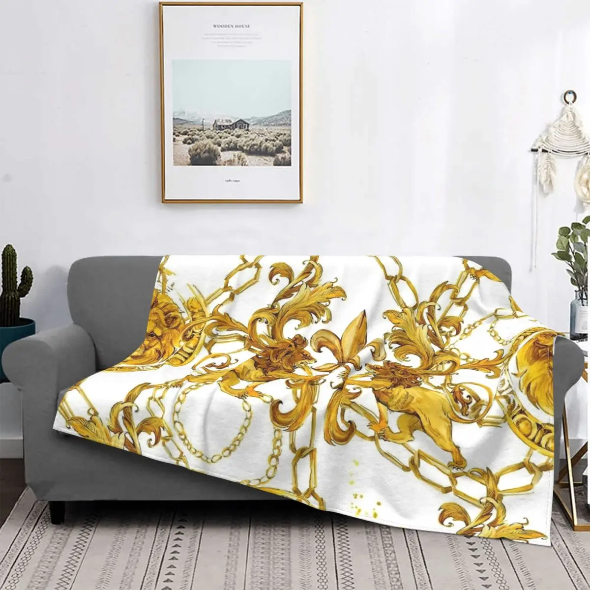 Golden Lion Baroque Blanket Velvet Textile Decor Watercolor Vintage Gold Lace Multi-function Super Warm Throw Blankets