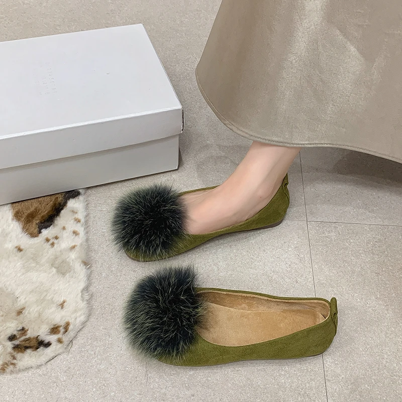 Spring Autumn Flat Shoes Comfortable Large Size Retro Bean Bean Shoes Simple Fur Slip-On Low Heel Round Toe Rubber Outsole