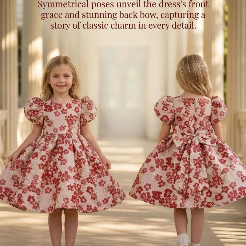 new-arrival-baby-kids-princess-dress-puff-sleeve-floral-jacquard-printed-party-gown-girls-birthday-banquet-elegant-formal-dress