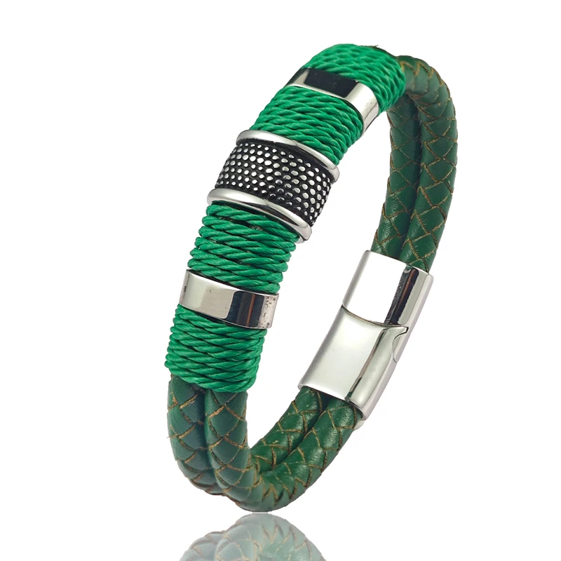5 Farben zur Auswahl: Herren-Armband aus geflochtenem Leder und Edelstahl mit Perlenanhänger und Magnetverschluss – Lässiges Armband für den Alltag – Detail 3