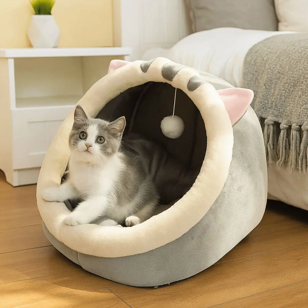 

Warm Cartoon Style Cat Sleep Bed Washable Round Shape Pets Sleeping Cave Kennel Nest Foldable Pet Sleeping Bed Small Dog
