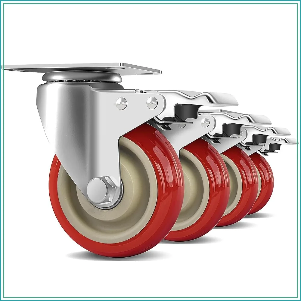 

4 Inch Heavy Duty Swivel Caster Wheels with Brake, Set of 4, Industrial Locking Plate Casters for Furniture, Cart, Table, Workbench, Load 2200lbs