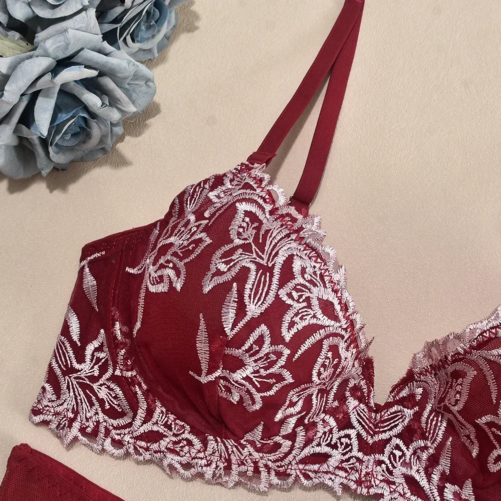 Set di lingerie velata con ricamo floreale Set di biancheria intima da donna in 2 pezzi con reggiseno trasparente + slip Intimo rosso per San Valentino