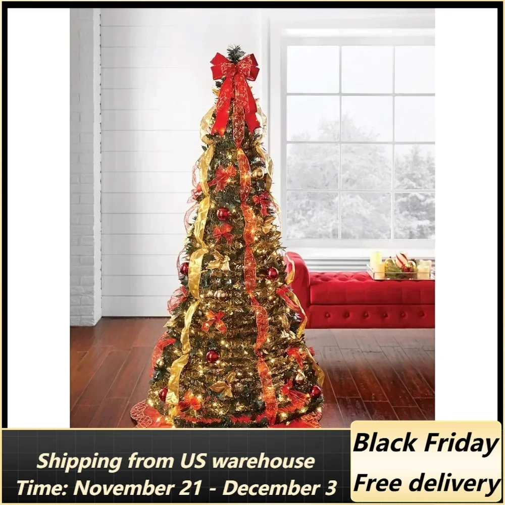 Fully Decorated Pre-Lit 6 Foot Pop-Up Christmas Tree - Red Gold