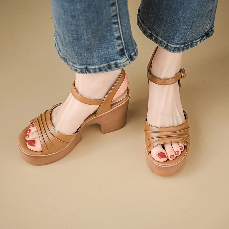 MORAZORA 2024 New Front Rear Strap Ladies Summer Footwear Genuine Leather Platform Sandals Woman Buckle Thick High Heels Shoes