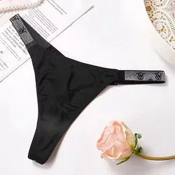 Sexy Satin Pink Female Comfort VS Letter Rhinestone Panties Seamless Lingerie Briefs Low Waist Thongs Women Underwear Intimates