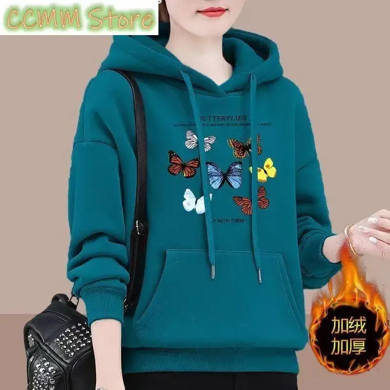 Women's Clothing Butterfly Printed Sweatshirts Casual Hooded Autumn Winter Thick Stylish Drawstring Pockets Korean Pullovers New