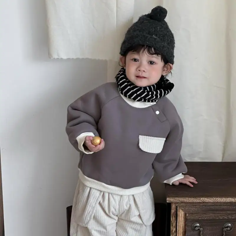 

2025 Winter New Baby Fleece Sweatshirt Long Sleeve Boys Plus Velvet Thick Pullover Tops Infant Toddler Warm Casual Sweatshirt