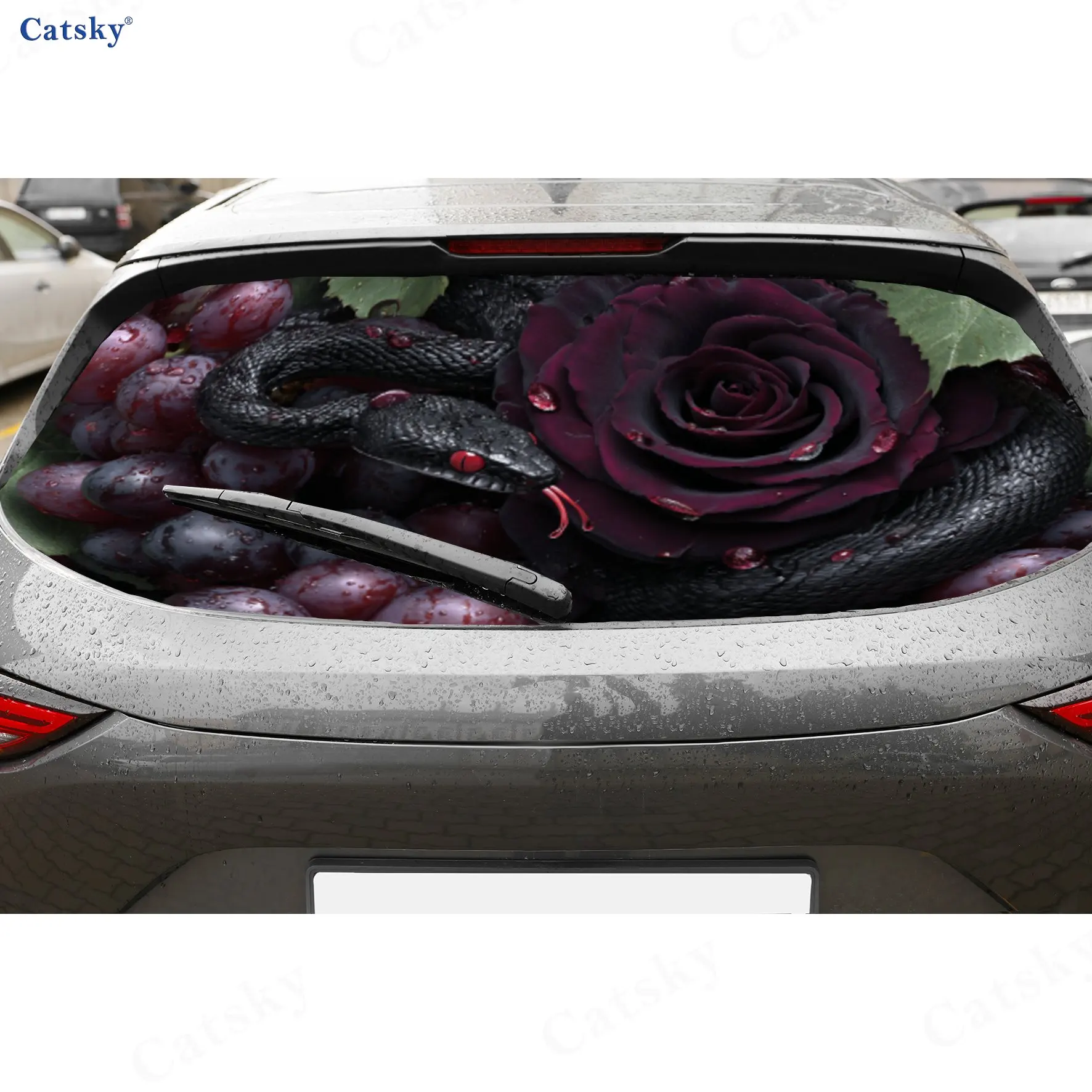 

Black Snake Rose & Grapes PVC Perforated Car Vinyl Wraps, Durable Car Rear Windshield Sticker, Waterproof Car Rear Window Decal