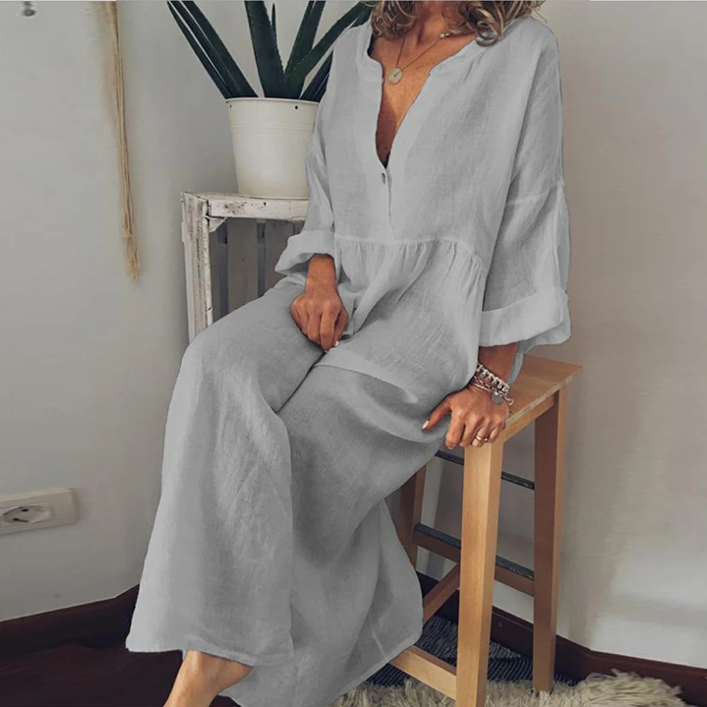 Robe longue en coton et lin pour femmes, couleur Pure, décontractée, chemise à manches courtes, vêtements de plage, Y2K, été, 2023