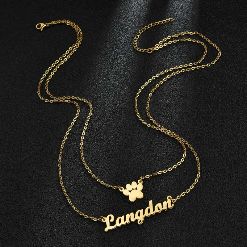 Collar personalizado con nombre DIY europeo americano, colgante con estampado de pata y letra hueca, collar de acero inoxidable, joyería para mujer, triangulación de envíos