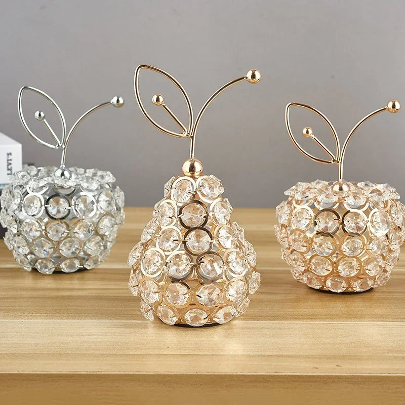 PEANDIM Gold Crystal Apple Pear Decoration For Home Birthday Gifts Office Hotel Creative Apple Pineapple Candle Holder Ornaments