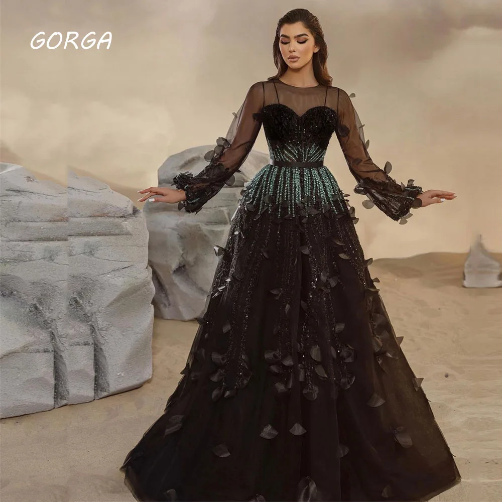 GORGA O-Neck Beading Appliques Evening Dresses Saudi Arabia Slim A-LINE Formal Occasion Dress Floor-Length Party Gown