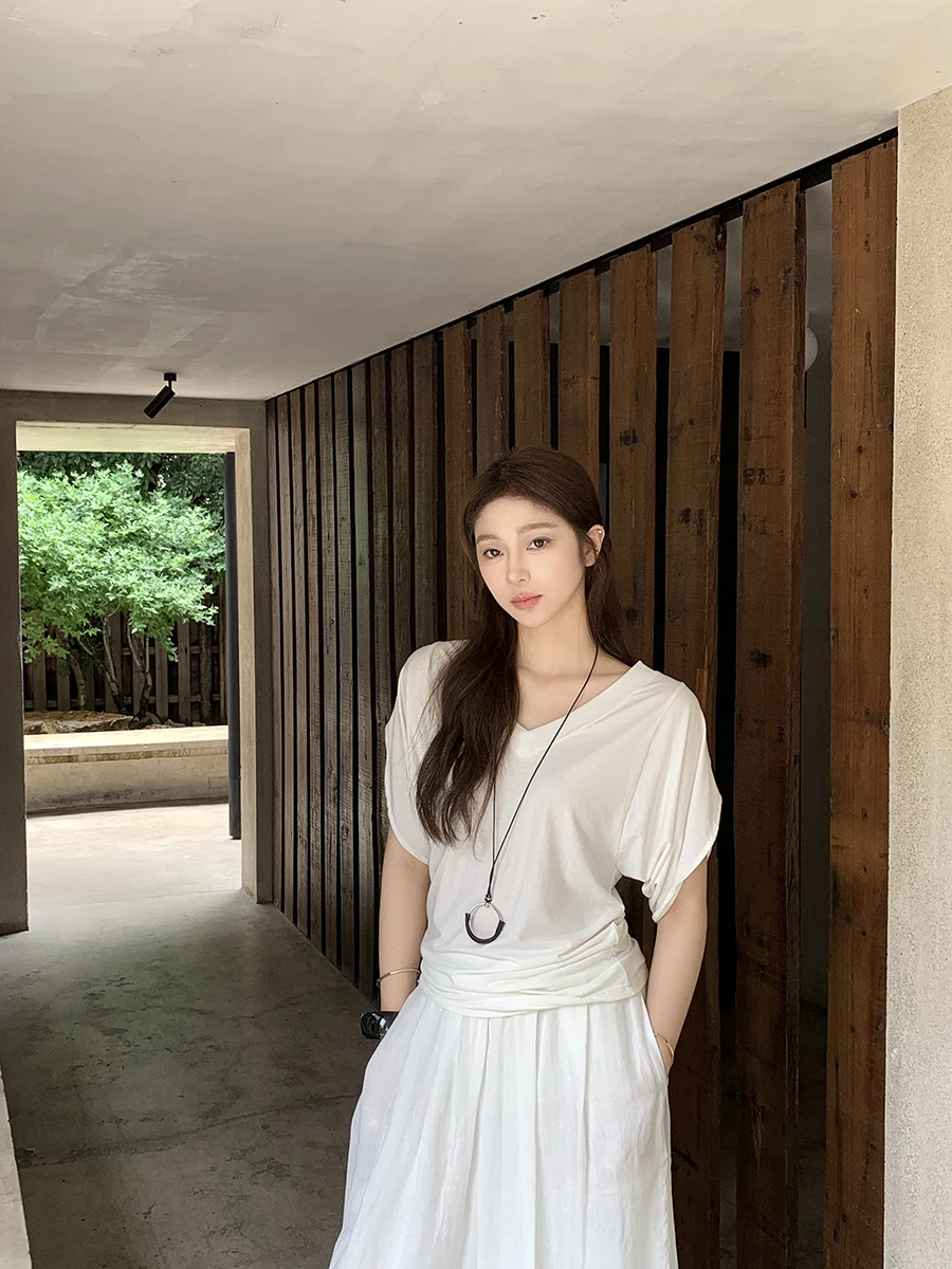 

AnjiuYue Linen ort Sve V-Ne T-irt Women's Loose Fit Casual Top Slimming Korean Sle Versatile Summer irt