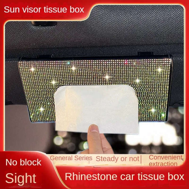 1pc Car Rhinestone Tissue Box Holder High-end Luxury Sun Visor Multicolor Paper Box Bling Auto Interior Storage Car Acessories