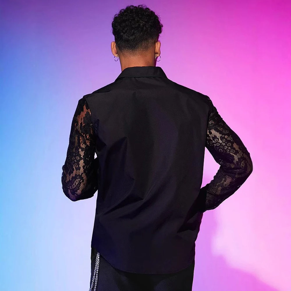 Mens Trendy Sexy Lace Stitching Long-Sleeved Shirt Autumn New High-Quality Sexy Fashion Elegant Casual Personality Tops For Men