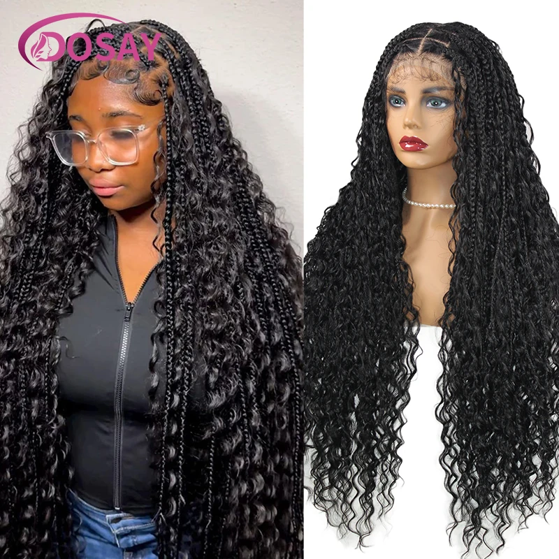 Full Lace Boho Braided Wigs for Black Women Synthetic Knotless Cornrow Braiding Wig Godness Curly Box Braids Wig With Baby Hair